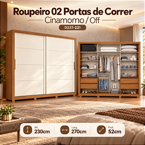 Roupeiro 270cm 02 Portas Deslizantes Palace - D237-221 - Cinamomo / Off white - Móveis Henn