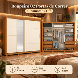 Roupeiro 270cm 02 Portas Deslizantes Palace c/ Espelho - D237-221 - Cinamomo / Off white - Móveis Henn