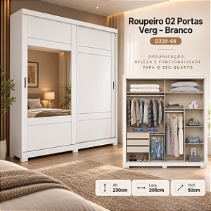 Roupeiro 200cm 02 Portas Deslizantes Verg - D239-66 - Branco - Móveis Henn