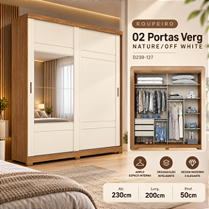Roupeiro 200cm 02 Portas Deslizantes Verg - D239-127 - Nature / Off white - Móveis Henn
