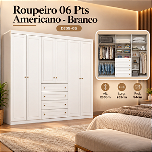 Roupeiro 262cm 06 Portas Americano - D205-05 - Branco - Móveis Henn