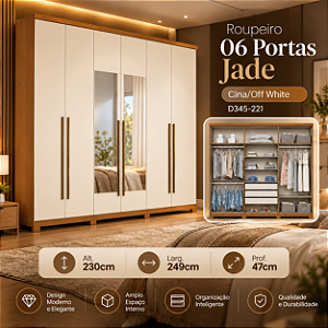 Roupeiro 249cm 06 Portas Jade c/ Espelho - D345-221 - Cinamomo / Off white - Móveis Henn