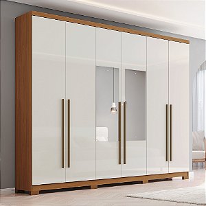 Roupeiro 06 Portas Jade c/ Espelho - D345-221 - Cinamomo / Off white - Móveis Henn