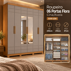 Roupeiro 210cm 06 Portas Flora - D215-220 - Cinamomo/Avelã - Móveis Henn