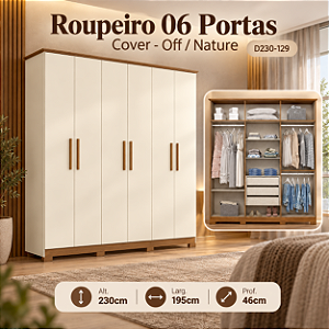 Roupeiro 195cm 06 Portas Cover - D230-129 - Off white / Nature - Móveis Henn