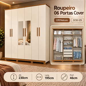 Roupeiro 195cm 06 Portas Cover c/ Espelho - D230-129 - Off white / Nature - Móveis Henn