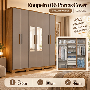 Roupeiro 195cm 06 Portas Cover c/ Espelho - D230-222 - Nature/Avela - Móveis Henn