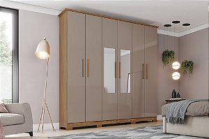 Roupeiro 06 Portas Cover c/ Espelho - D230-222 - Nature/Avela - Móveis Henn