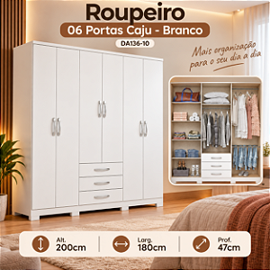 Roupeiro 180cm 06 Portas 03 Gavetas Cajú - DA136-10 - Branco - Móveis Henn
