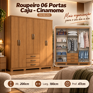 Roupeiro 180cm 06 Portas 03 Gavetas Cajú - DA136-214 - Cinamomo - Móveis Henn