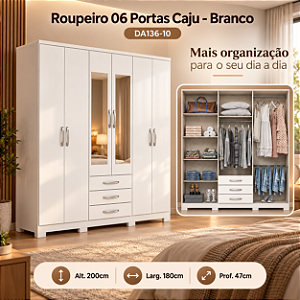 Roupeiro 180cm 06 Portas 03 Gavetas Cajú c/ Espelho - DA136-10 - Branco - Móveis Henn