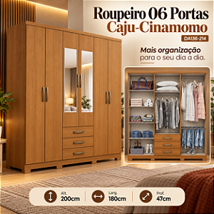Roupeiro 180cm 06 Portas 03 Gavetas Cajú c/ Espelho - DA136-214 - Cinamomo - Móveis Henn