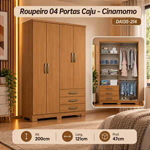 Roupeiro 121cm 04 Portas 03 Gavetas Cajú - DA135-214 - Cinamomo - Móveis Henn