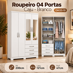 Roupeiro 121cm 04 Portas 03 Gavetas Cajú c/ Espelho - DA135-10 - Branco - Móveis Henn