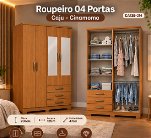Roupeiro 121cm 04 Portas 03 Gavetas Cajú c/ Espelho - DA135-214 - Cinamomo - Móveis Henn