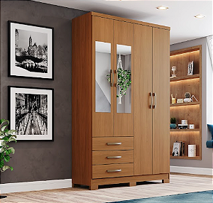 Roupeiro 04 Portas 03 Gavetas Cajú c/ Espelho - DA135-214 - Cinamomo - Móveis Henn