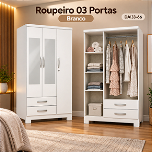 Roupeiro 91cm 03 Portas 02 Gavetas Açai c/ Espelho - DA133-66 - Branco - Móveis Henn