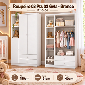 Roupeiro 03 Portas 02 Gavetas Bala de Menta - IA110-66 - Branco - Móveis Henn