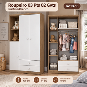 Roupeiro 03 Portas 02 Gavetas Bala de Menta - IA110-18 - Rústico / Branco - Móveis Henn