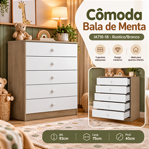 Cômoda Bala de Menta 05 Gavetas - IA710-18 -Rústico / Branco - Móveis Henn