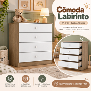Cômoda Labirinto 04 Gavetas - I714-18 - Rústico / Branco - Móveis Henn