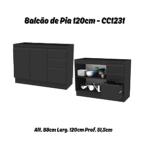 Balcão 02 Portas 03 Gavetas 120cm - Ref. CC1231 - Onix - Linha DA CASA - Móveis Primavera