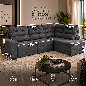 Sofá de Canto Retrátil e Reclinável Celer 02 Módulos - Estofados Rincão