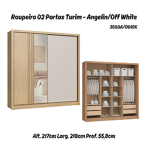 Roupeiro 02 Portas de Correr Turim c/ Espelho - 3683A - Angelin / Off White - Móveis Castro