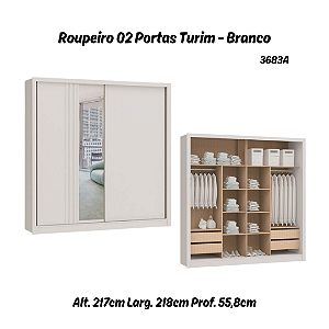 Roupeiro 02 Portas de Correr Turim c/ Espelho - 3683A - Branco - Móveis Castro
