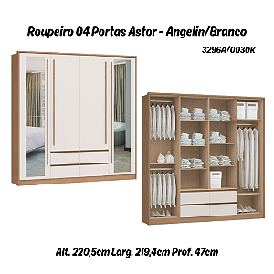 Roupeiro 04 Portas Astor c/ Espelho G - 3296A - Angelin / Branco - Móveis Castro