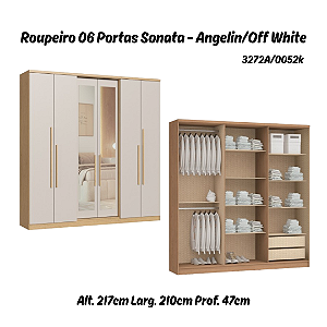 Roupeiro 06 Portas Sonata c/ Espelho G - 3272A - Angelin / Off White - Móveis Castro
