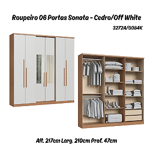 Roupeiro 06 Portas Sonata c/ Espelho P - 3272A - Cedro/Off White - Móveis Castro