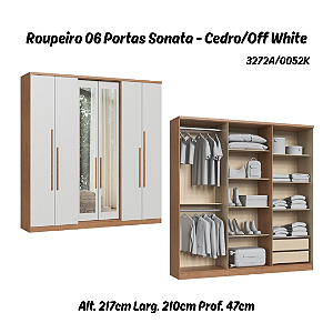 Roupeiro 06 Portas Sonata c/ Espelho G - 3272A - Cedro/Off White - Móveis Castro