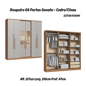 Roupeiro 06 Portas Sonata c/ Espelho P - 3272A - Cedro/Cinza - Móveis Castro