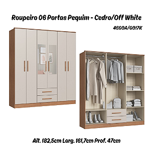 Roupeiro 06 Portas Pequim c/ Espelho - 4600A - Cedro/Off White - Móveis Castro