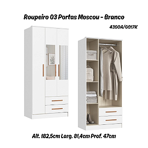 Roupeiro 03 Portas Moscou c/ Espelho - 4300A - Branco - Móveis Castro