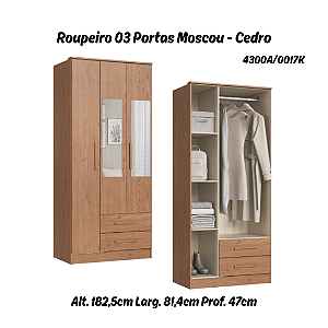 Roupeiro 03 Portas Moscou c/ Espelho - 4300A - Cedro - Móveis Castro
