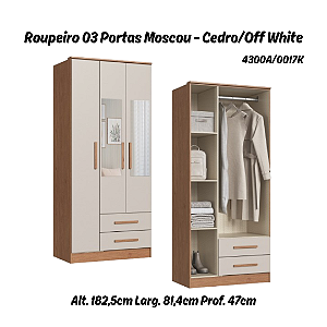 Roupeiro 03 Portas Moscou c/ Espelho - 4300A - Cedro/Off White - Móveis Castro