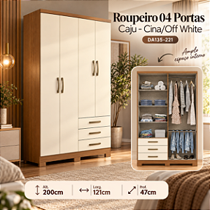 Roupeiro 121cm 04 Portas 03 Gavetas Caju - DA135-221 - Cinamomo/Off White - Móveis Henn