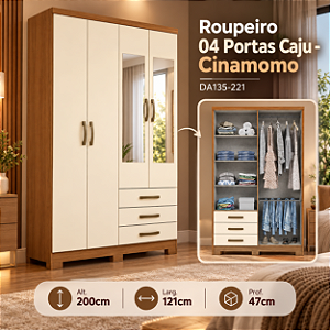 Roupeiro 121cm 04 Portas 03 Gavetas Caju c/ Espelho - DA135-221 - Cinamomo/Off White - Móveis Henn