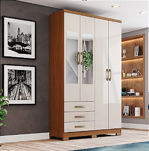 Roupeiro 04 Portas 03 Gavetas Caju c/ Espelho - DA135-221 - Cinamomo/Off White - Móveis Henn