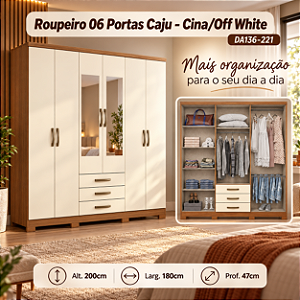 Roupeiro 180cm 06 Portas 03 Gavetas Cajú c/ Espelho - DA136-221 - Cinamomo/Off White - Móveis Henn