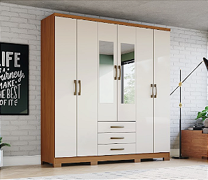 Roupeiro 06 Portas 03 Gavetas Cajú c/ Espelho - DA136-221 - Cinamomo/Off White - Móveis Henn
