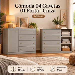 Cômoda Americana 04 Gavetas 01 Porta -D715-131 - Cinza - Móveis Henn