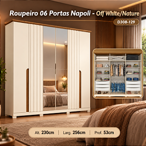 Roupeiro 256cm 06 Portas Napoli c/ Espelho - D308-129 - Off White / Nature - Móveis Henn