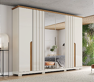 Roupeiro 06 Portas Napoli c/ Espelho - D308-129 - Off White / Nature - Móveis Henn