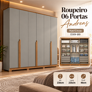 Roupeiro 235cm 06 Portas Andréas - D309-169 - Cinza / Nature - Móveis Henn