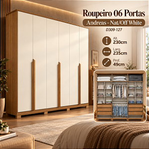 Roupeiro 235cm 06 Portas Andréas - D309-127 - Nature / Off White - Móveis Henn