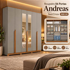 Roupeiro 235cm 06 Portas Andréas c/ Espelho - D309-169 - Cinza / Nature - Móveis Henn