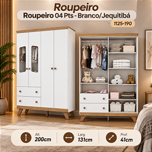 Roupeiro 04 Portas Confete - I125-190 - Branco / Jequitibá - Móveis Henn